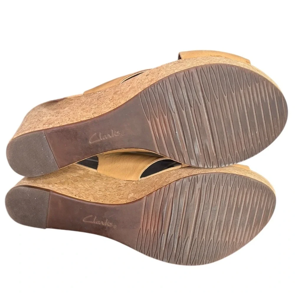 Clarks Collection Annadel Eirwyn Tan Leather Cork Wedge Sandals Women's Size 7.5